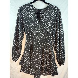 Black abstract Print Long Sleeve Ruffle Romper V-Neck Tiered Mini Sz M flirty